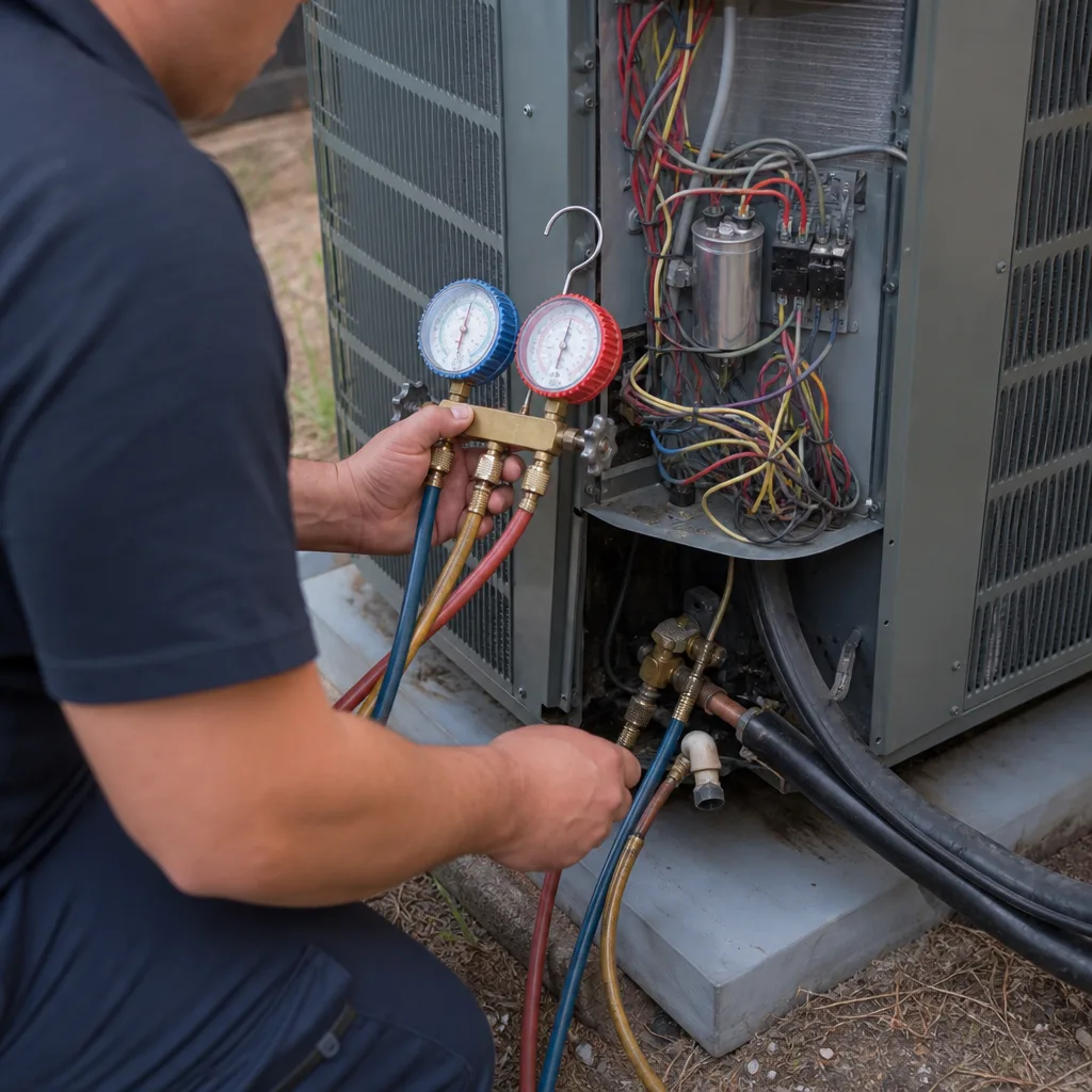HVAC technician performing AC repair with manifold gauges
