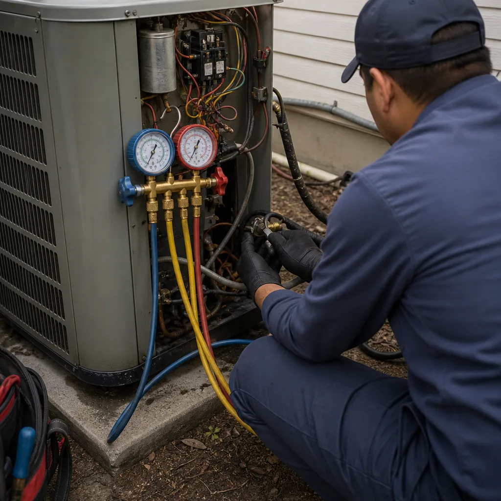HVAC technician performing professional air conditioning repair service on outdoor unit