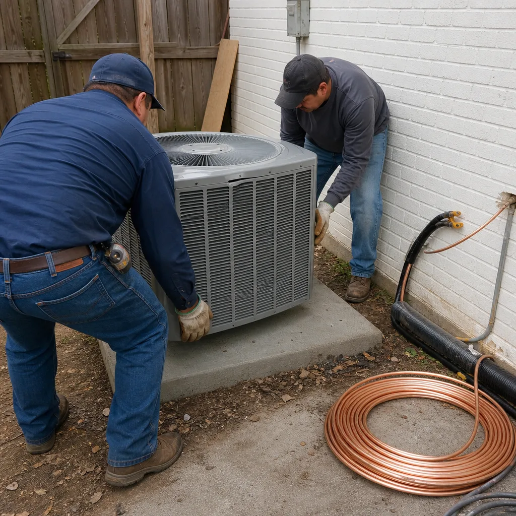 Two HVAC technicians installing an outdoor air conditioning unit
