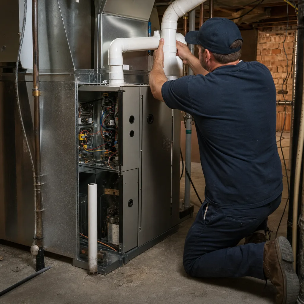 HVAC technician performing professional furnace repair and maintenance on a residential furnace
