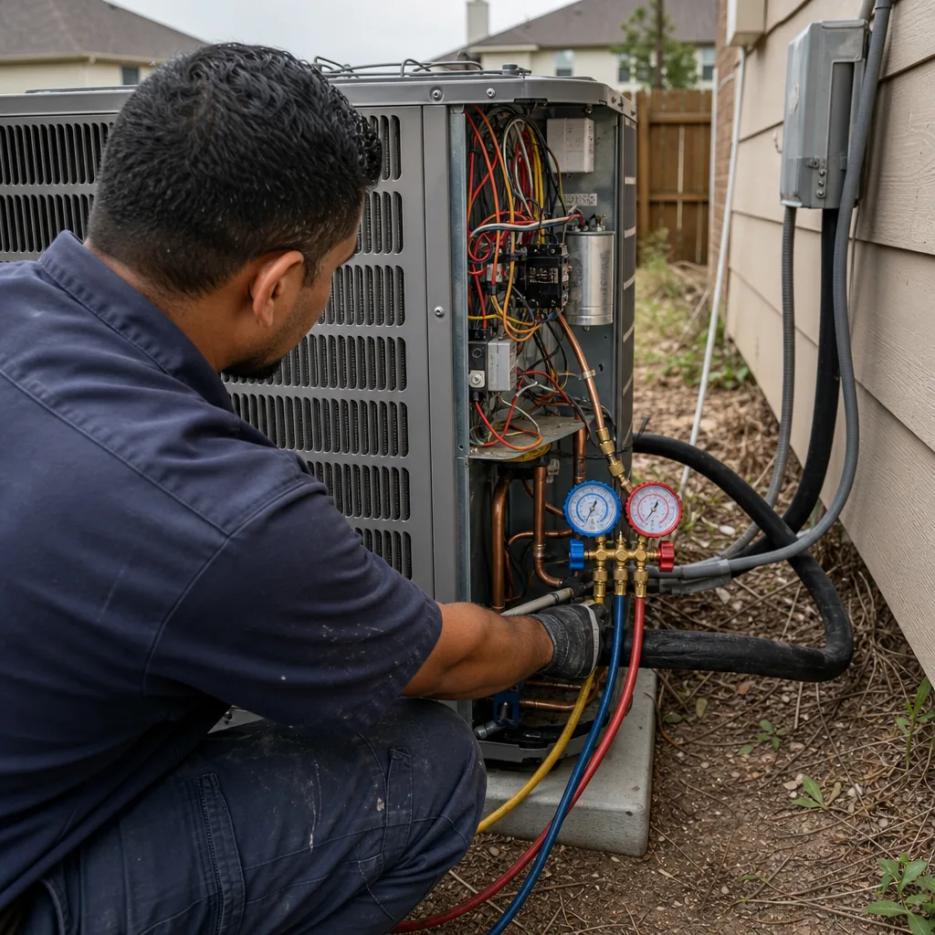 HVAC technician installing a heat pump unit with manifold gauges