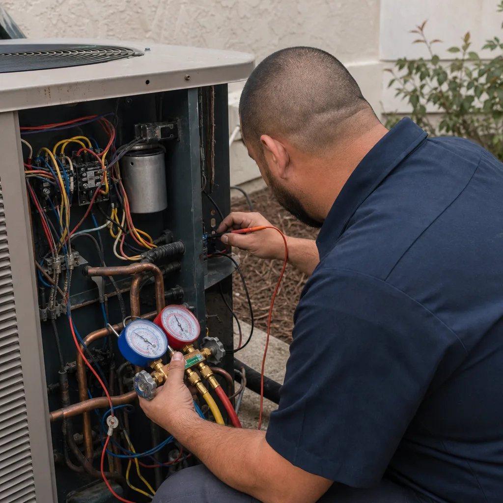 HVAC technician installing a heat pump with testing equipment and gauges in Dallas, TX